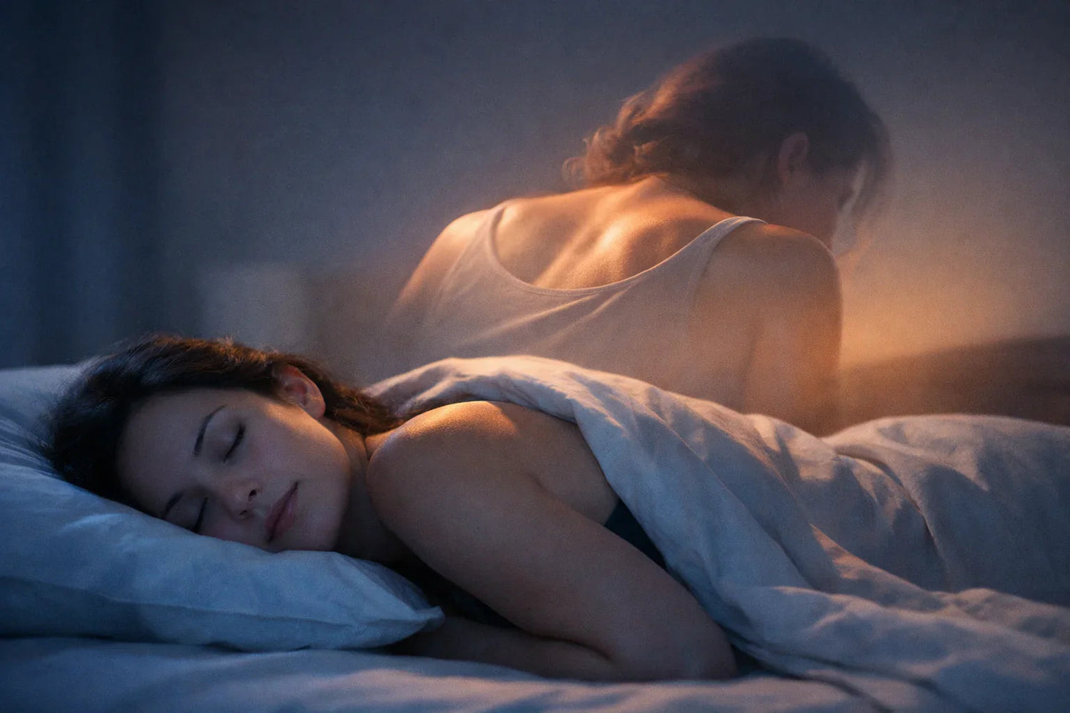 Femme dormant paisiblement, tension corporelle suggérée en arrière plan