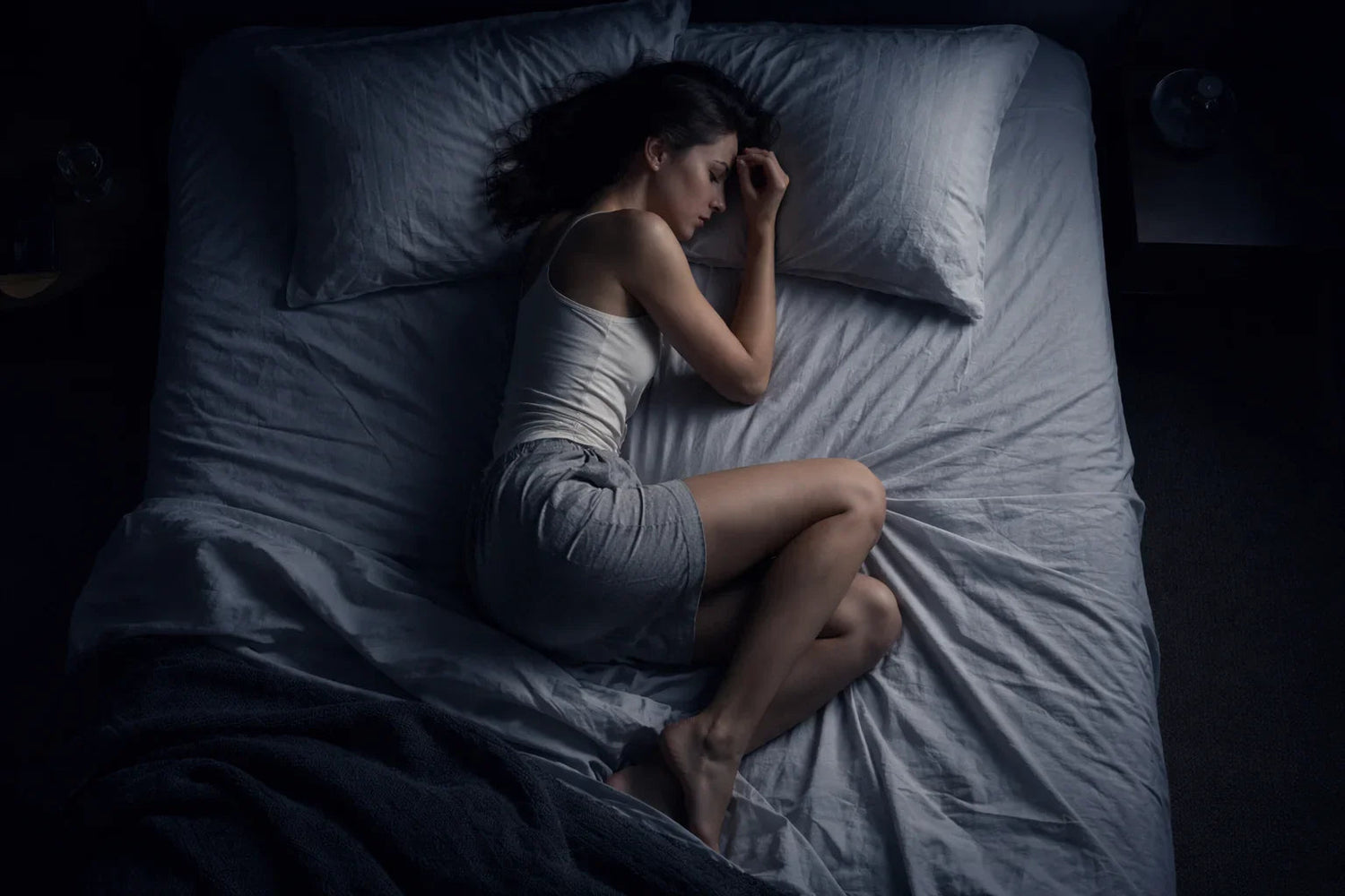 Femme endormie en position fœtale sur lit sombre, ambiance nocturne calme et introspective.