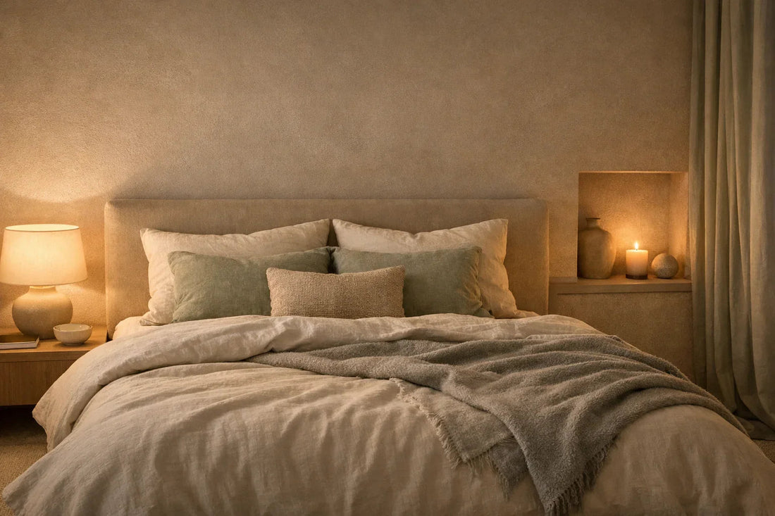 Lit préparé avec lumière douce du soir, ambiance chaleureuse favorisant le relâchement nocturne.