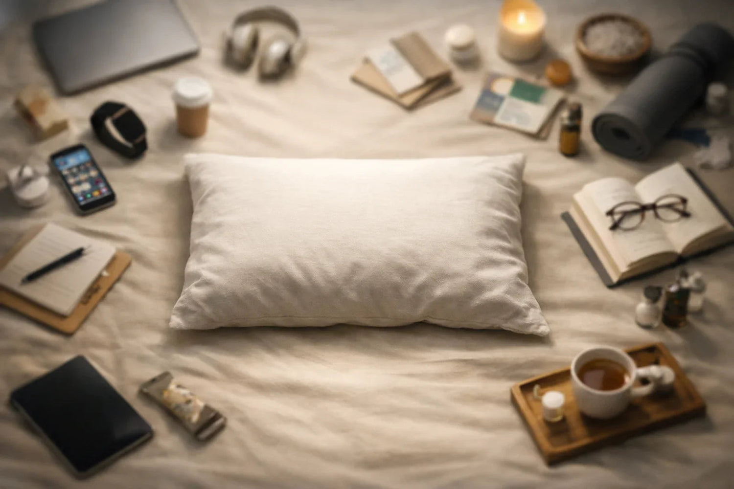 Oreiller entouré d’objets bien-être et gadgets sommeil disposés sur lit beige apaisant.