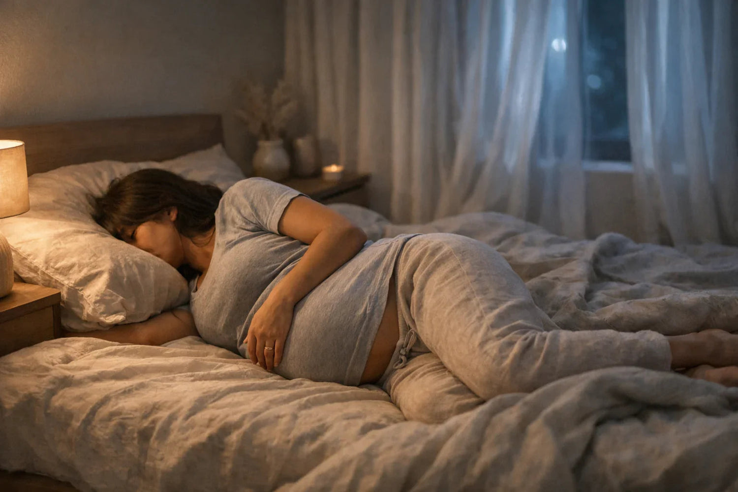 Femme enceinte dormant paisiblement sur le côté dans une chambre aux tons beiges et lumière douce