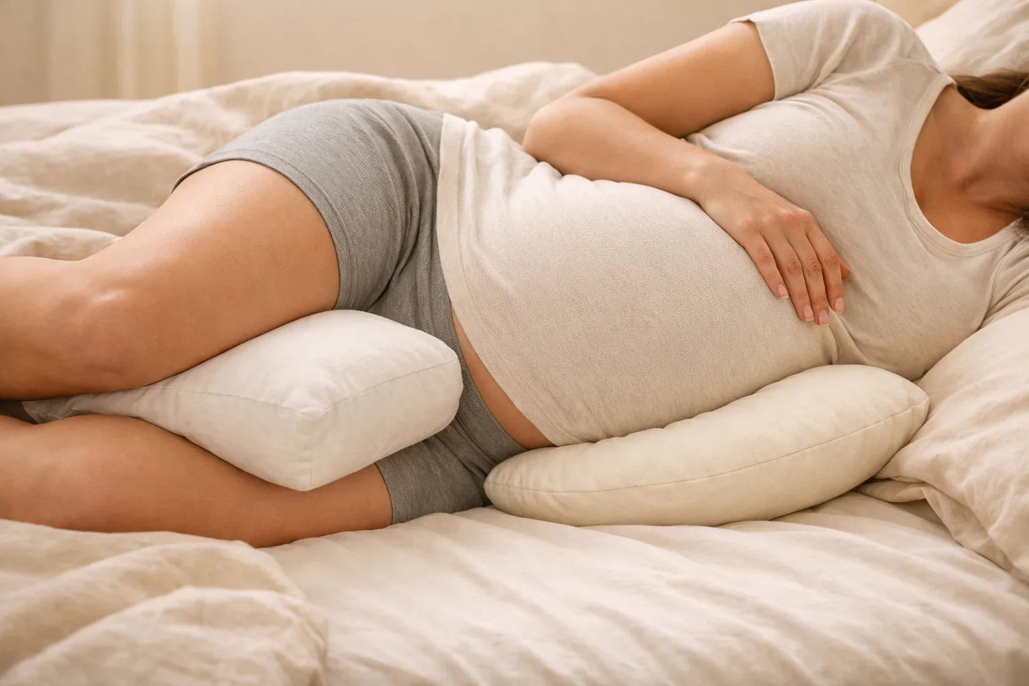 Femme enceinte allongée sur le côté avec coussins de soutien entre les genoux et sous le ventre