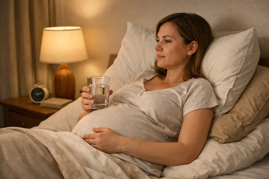 Femme enceinte semi-allongée avec coussins surélevés tenant un verre d'eau