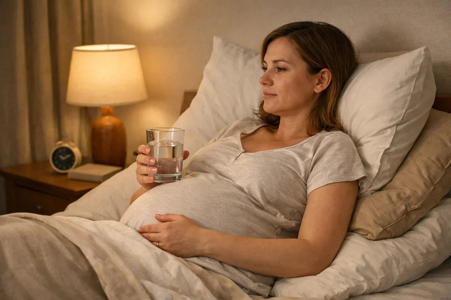 Femme enceinte semi-allongée avec coussins surélevés tenant un verre d'eau