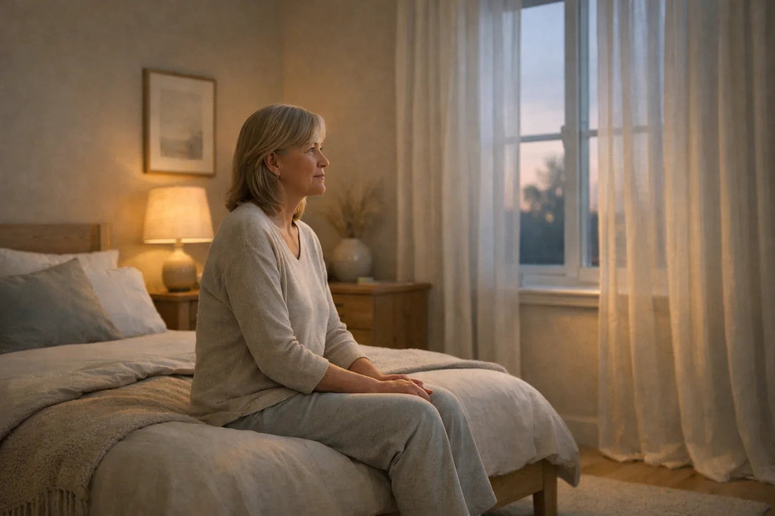 Femme sereine assise sur son lit au crépuscule réfléchissant calmement au sommeil et à la ménopause
