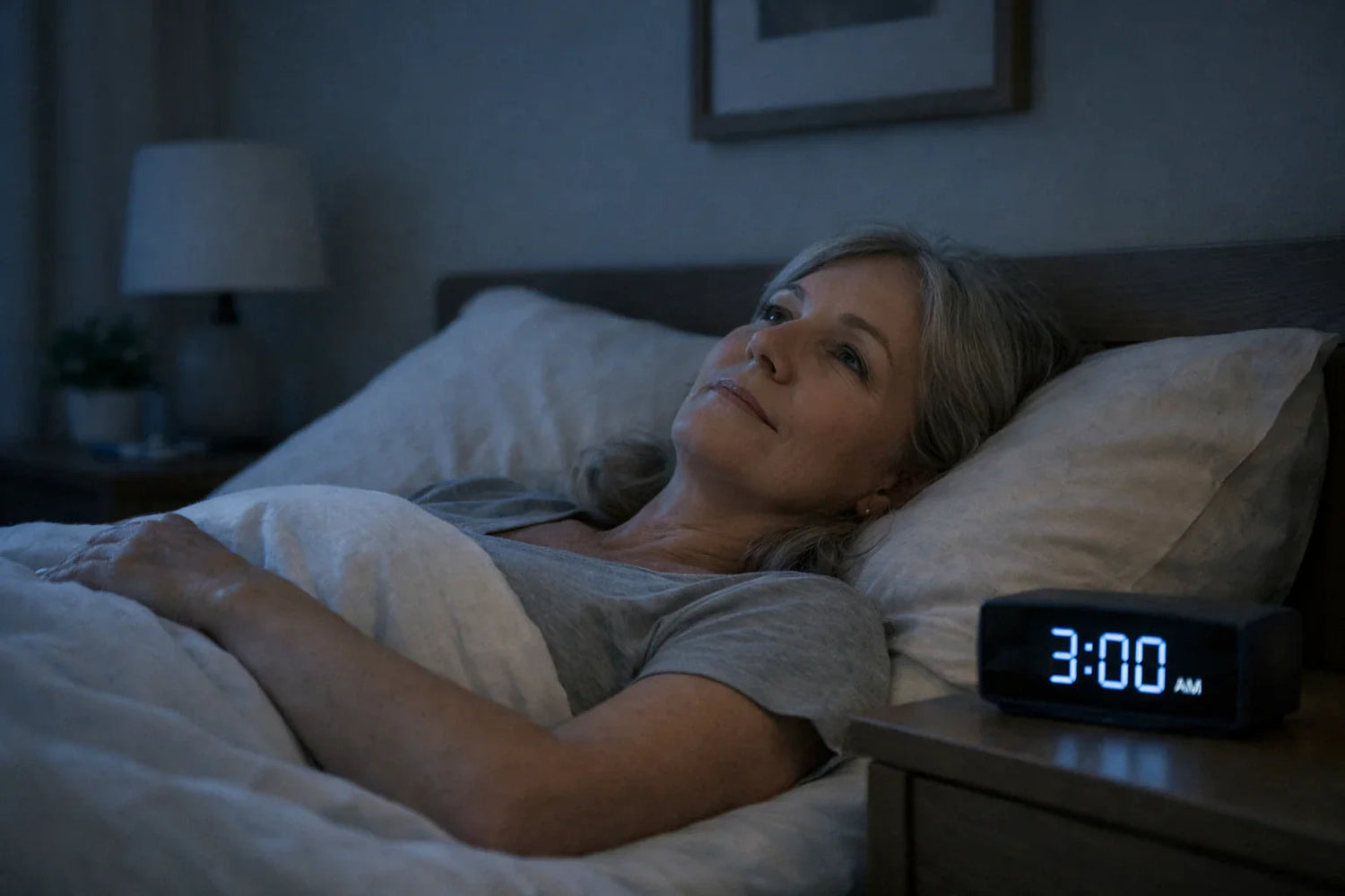 Femme paisiblement éveillée dans son lit la nuit regardant le réveil indiquant 3h du matin pendant la ménopause