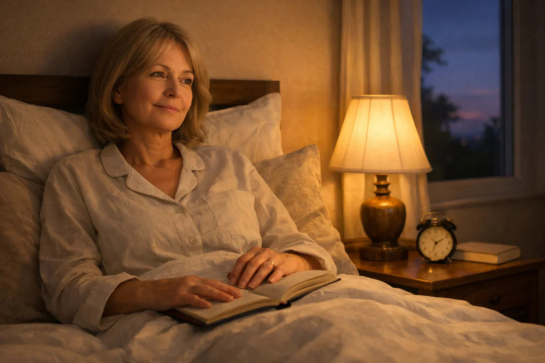 Femme assise calmement dans son lit le soir avec une lumière douce pendant un moment de difficulté d'endormissement à la ménopause