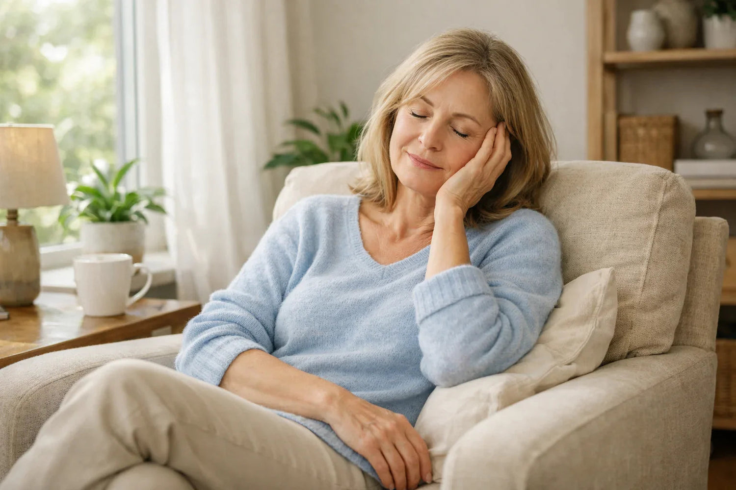 Femme fatiguée assise dans un fauteuil confortable en journée se reposant calmement malgré la fatigue persistante de la ménopause