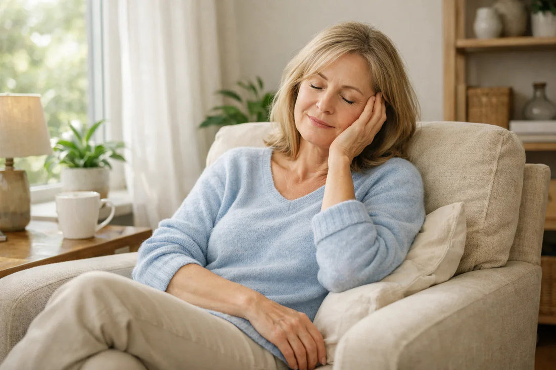 Femme fatiguée assise dans un fauteuil confortable en journée se reposant calmement malgré la fatigue persistante de la ménopause