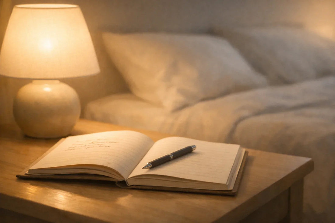 Journal ouvert sur une table de chevet avec lumière douce symbolisant la mise en mots des troubles du sommeil à la ménopause