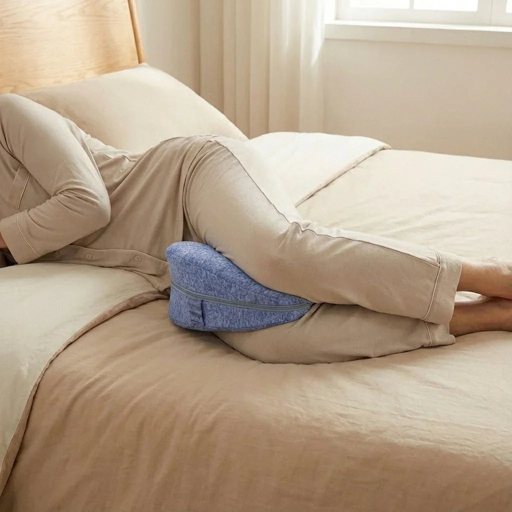 Coussin ergonomique bleu positionné entre les genoux en position latérale