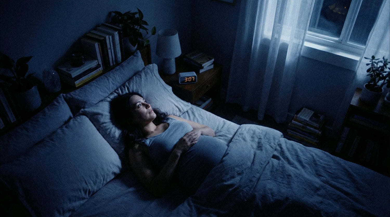 Femme enceinte éveillée la nuit dans son lit avec éclairage tamisé