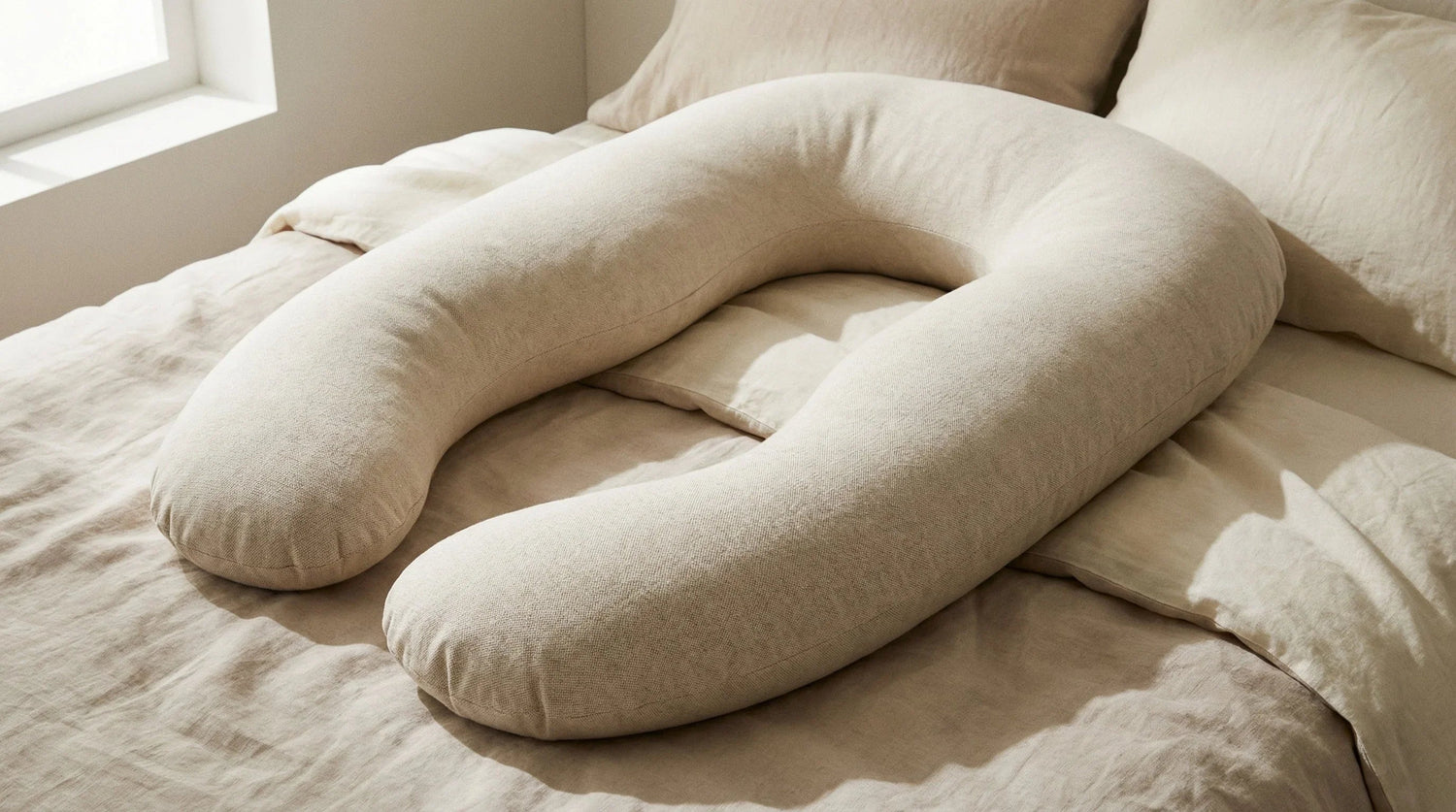 Coussin de grossesse en forme de U en coton naturel sur lit avec linge beige