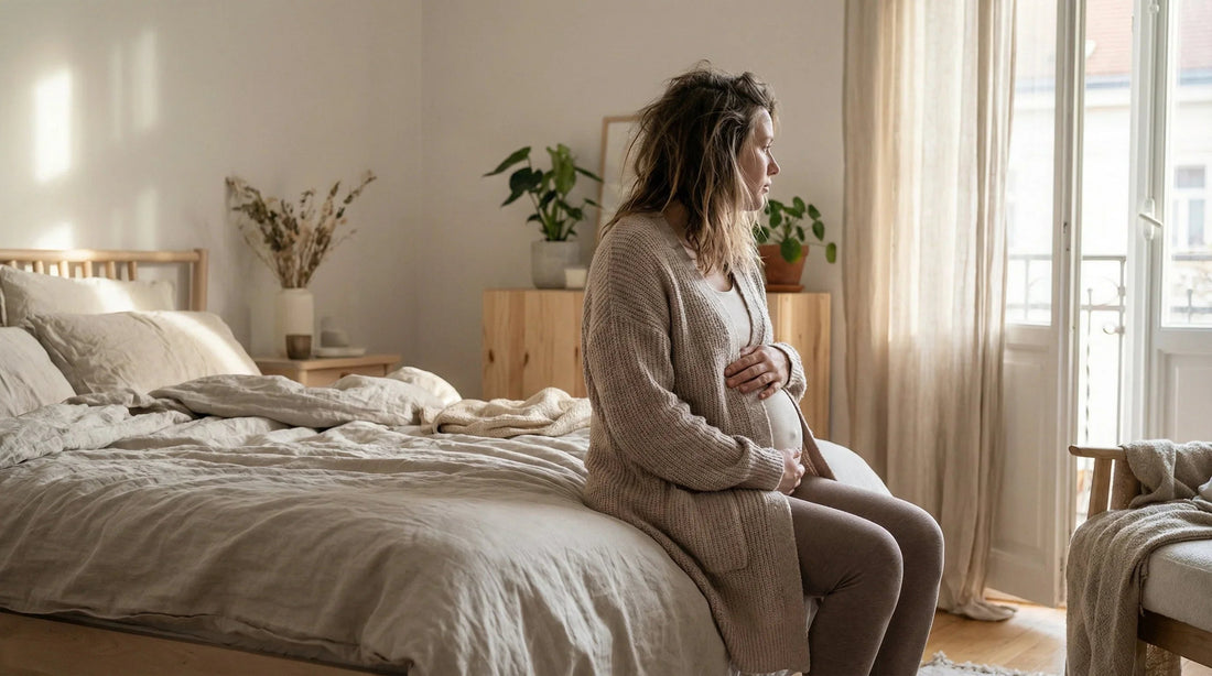 Femme enceinte assise sur le bord du lit au réveil avec lumière matinale douce