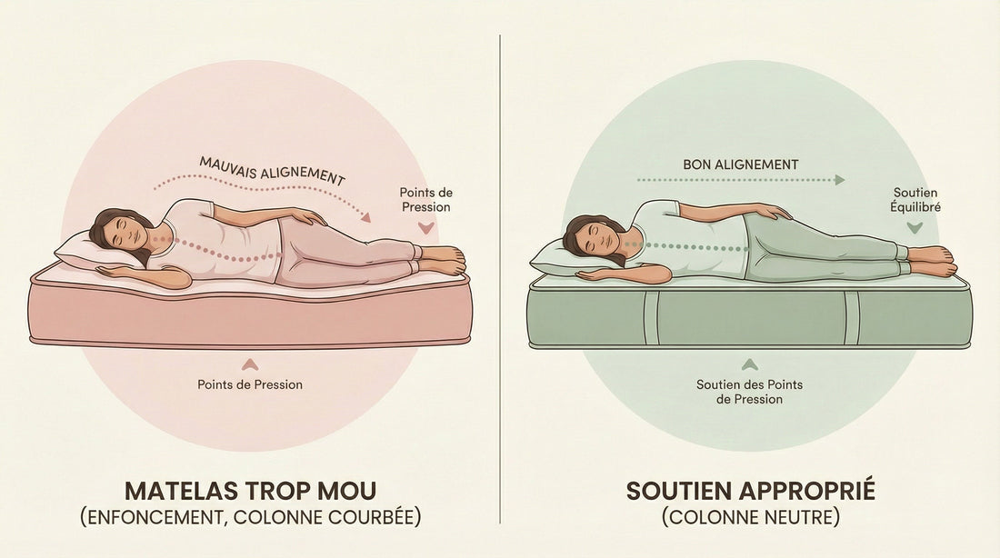 Comparaison visuelle de l'alignement corporel sur différents types de matelas pour les douleurs cervicales nocturnes