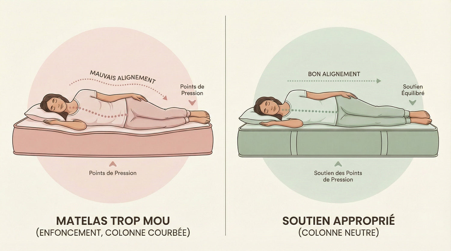 Comparaison visuelle de l'alignement corporel sur différents types de matelas pour les douleurs cervicales nocturnes