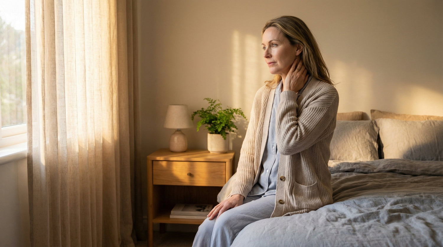 Femme se réveillant avec une raideur cervicale matinale liée à l'arthrose, lumière douce du matin
