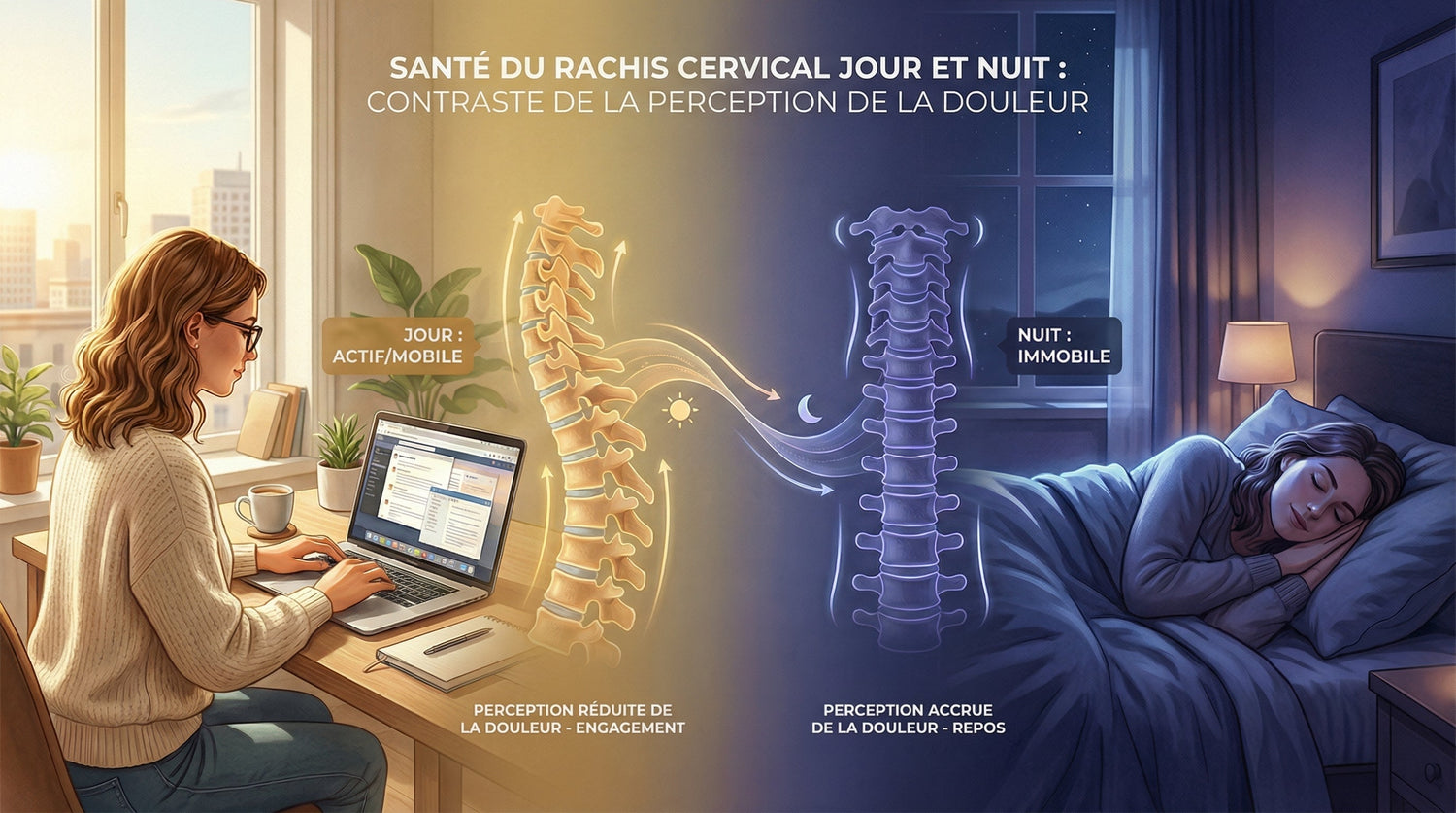 Comparaison jour-nuit illustrant pourquoi les douleurs cervicales sont plus intenses pendant le sommeil