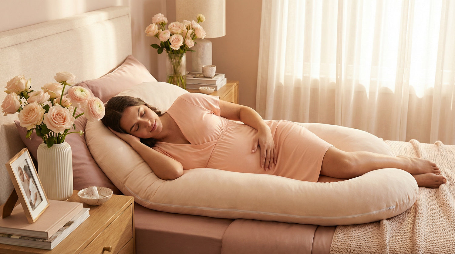 Femme enceinte au troisième trimestre dormant sur le côté gauche avec coussin de grossesse en U pour soulager le reflux gastrique hormonal