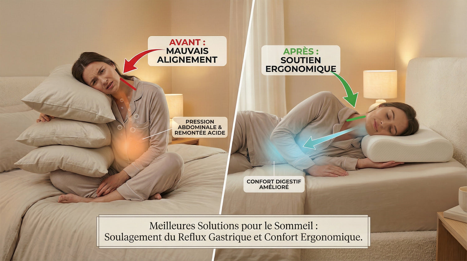 Comparatif avant après montrant qu’empiler plusieurs oreillers augmente la pression abdominale et favorise le reflux gastrique nocturne tandis qu’un soutien ergonomique améliore l’alignement et le confort de sommeil.