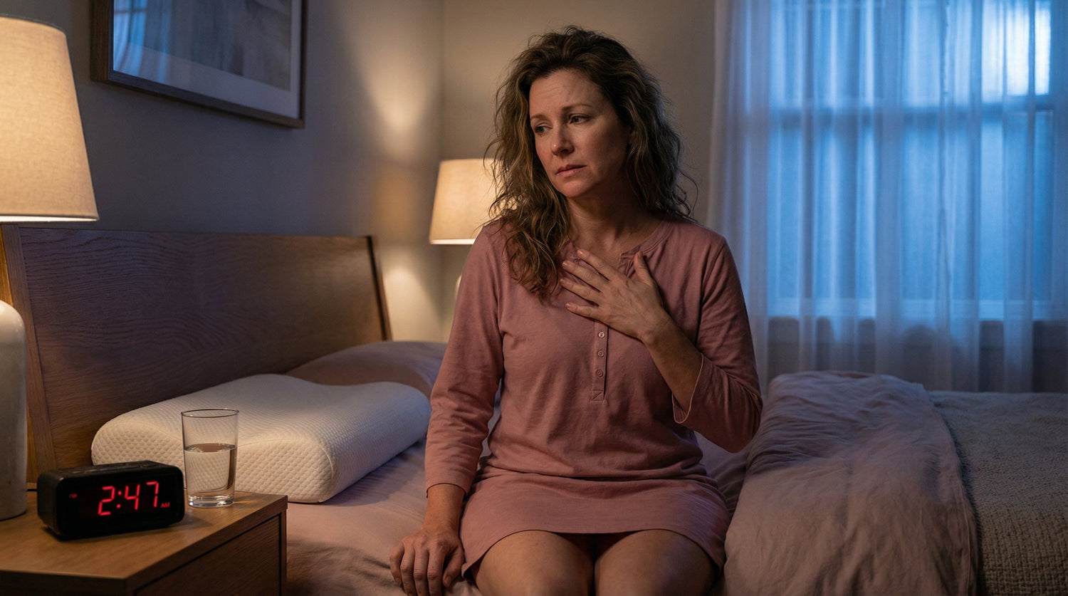 Femme se réveillant la nuit avec une brûlure d'estomac soudaine, main sur la poitrine, réveil affichant 2h47, verre d'eau sur la table de nuit
