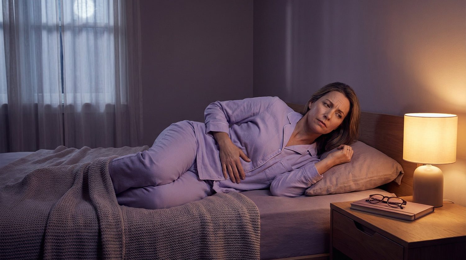 Femme allongée avec une main sur le ventre montrant le lien entre stress nocturne et reflux gastrique, ambiance de chambre apaisante avec journal sur la table de nuit
