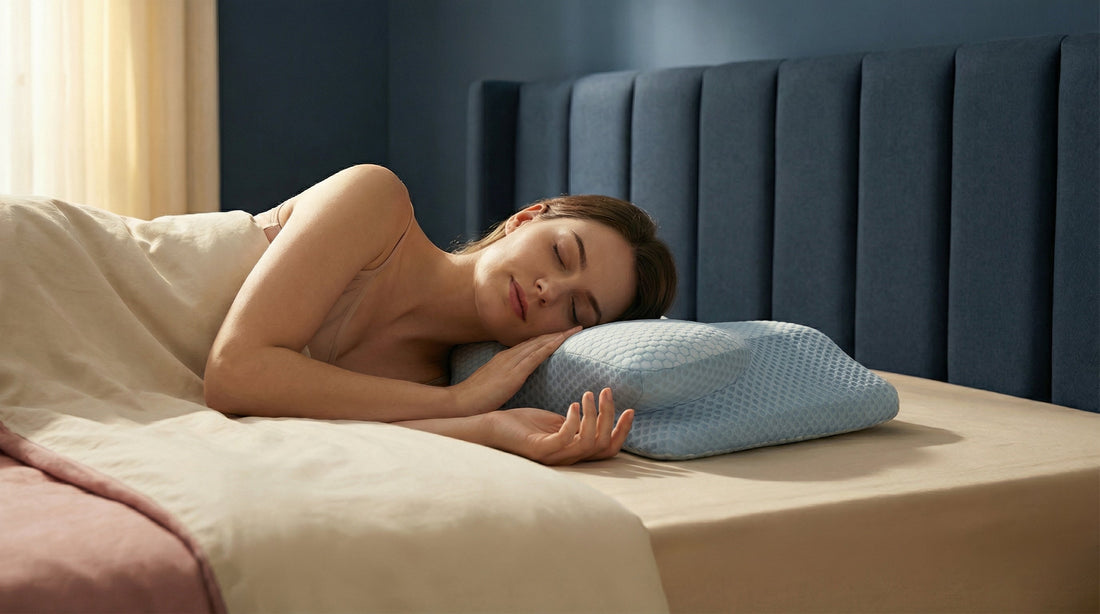Femme endormie sur le côté oreiller ergonomique posé à plat lit tête de lit bleu nuit