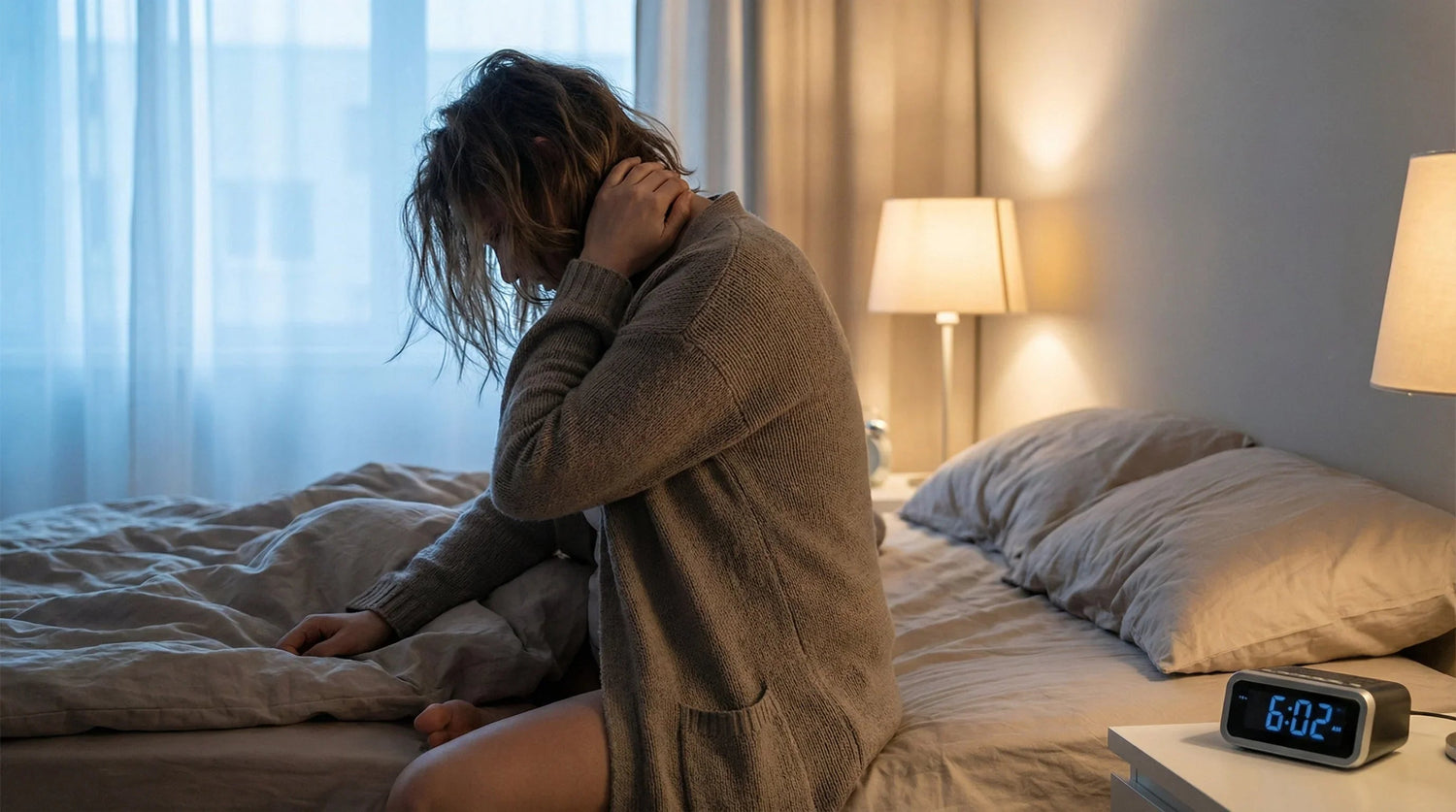 Femme assise sur le lit au réveil, main sur la nuque, lumière douce du matin.
