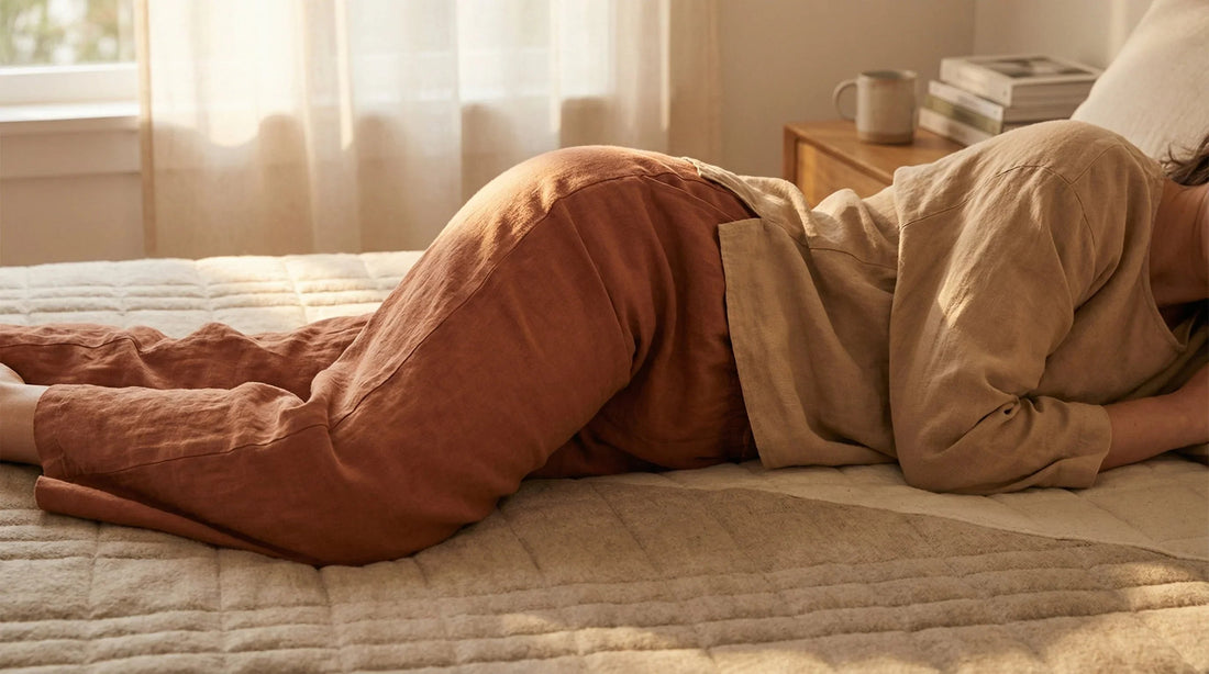 Hanche d'une femme en position latérale montrant le point de pression sur le matelas