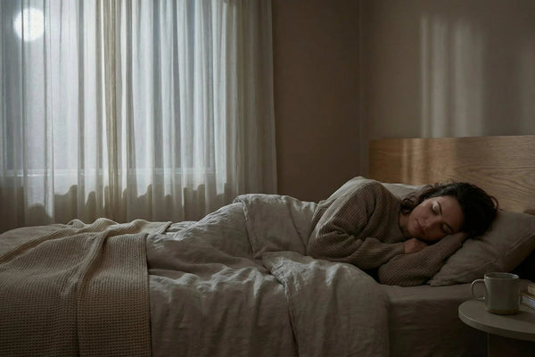 Cycles hormonaux et sommeil féminin illustrés par une femme allongée dans une chambre calme la nuit