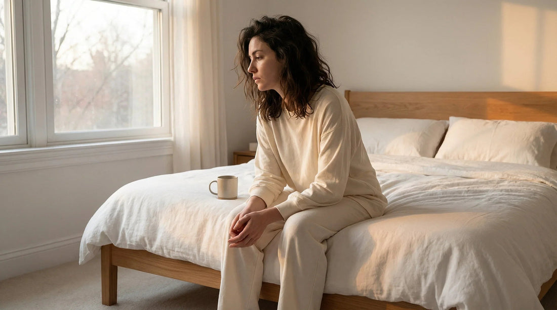 Femme assise au bord du lit le matin, fatiguée malgré une nuit de sommeil, illustrant la fatigue hormonale
