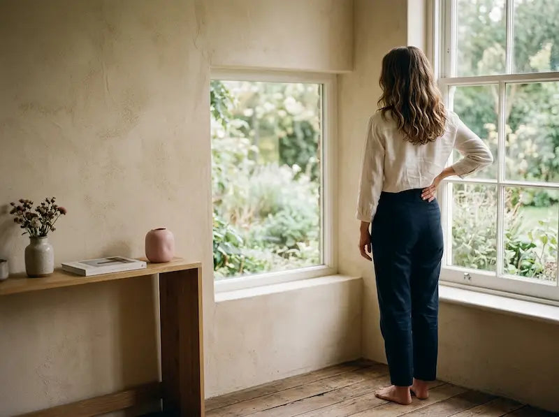  Femme de dos près d'une fenêtre, main posée sur le bas du dos, lumière matinale douce