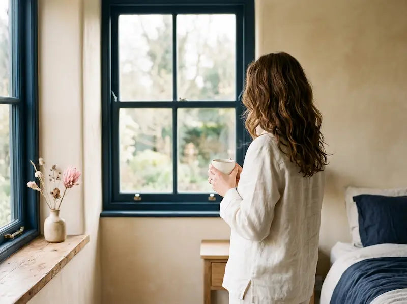 Femme de dos à la fenêtre le matin, tasse en céramique, lumière naturelle douce