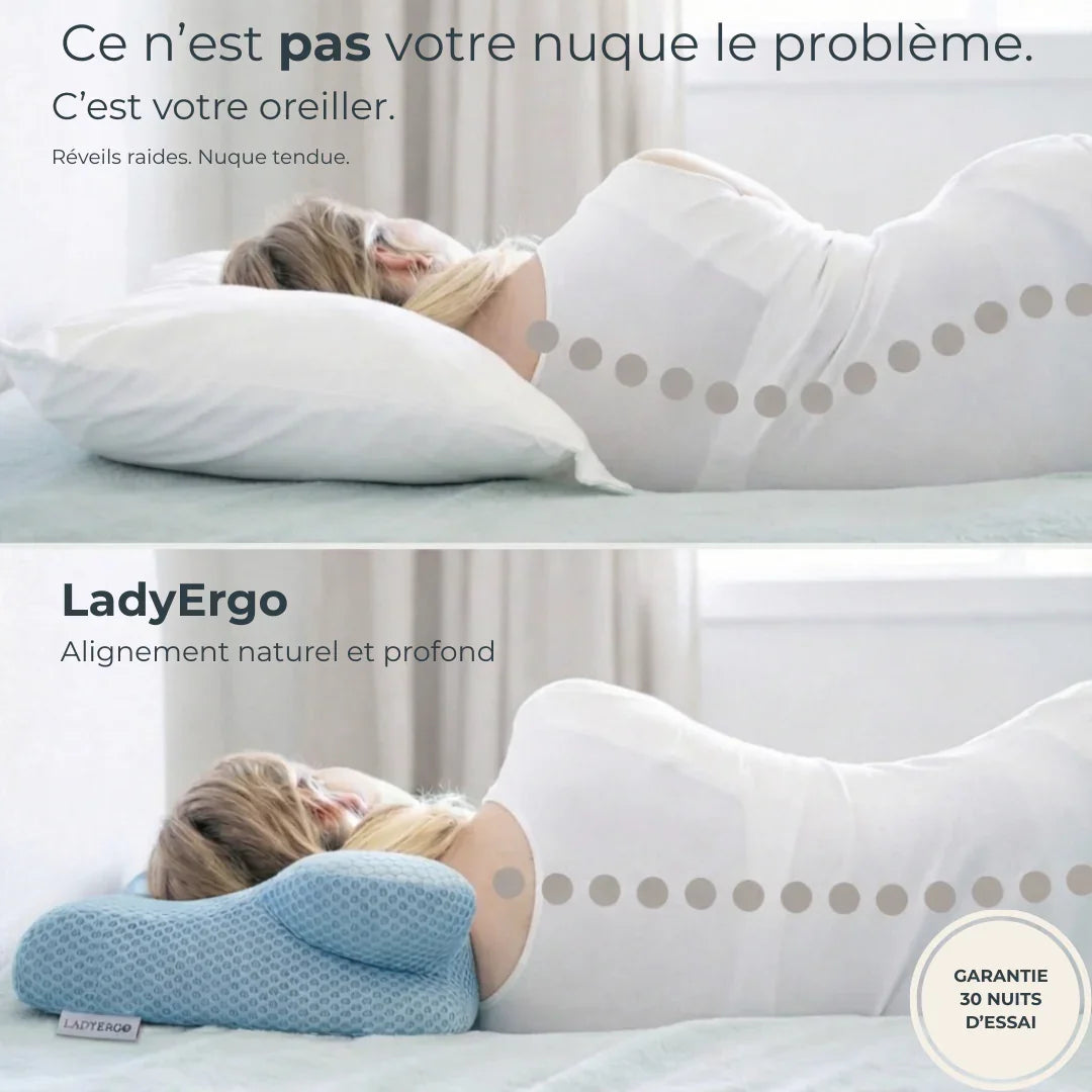 Comparaison entre oreiller ergonomique LadyErgo et oreiller classique, maintien de la nuque