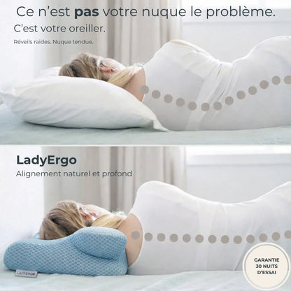 Comparaison entre oreiller ergonomique LadyErgo et oreiller classique, maintien de la nuque
