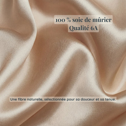 Gros plan sur la soie de mûrier LadyErgo, 100 % soie naturelle qualité 6A, fibre douce et résistante