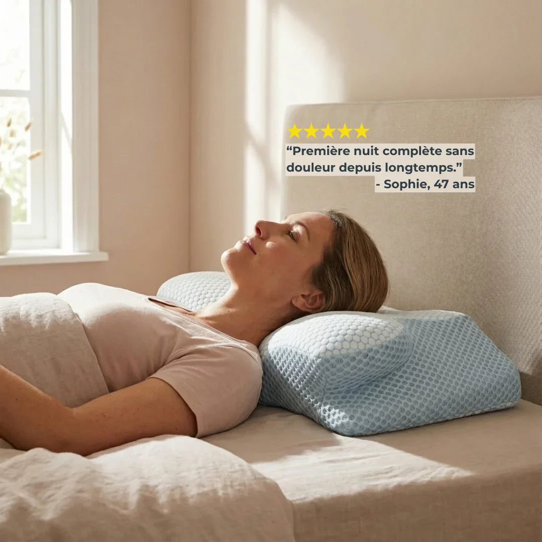 Oreiller ergonomique LadyErgo utilisé pour dormir sur le dos avec maintien naturel