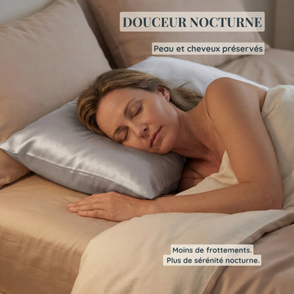 Taie d’oreiller en soie LadyErgo utilisée pendant le sommeil, douceur nocturne pour la peau et les cheveux