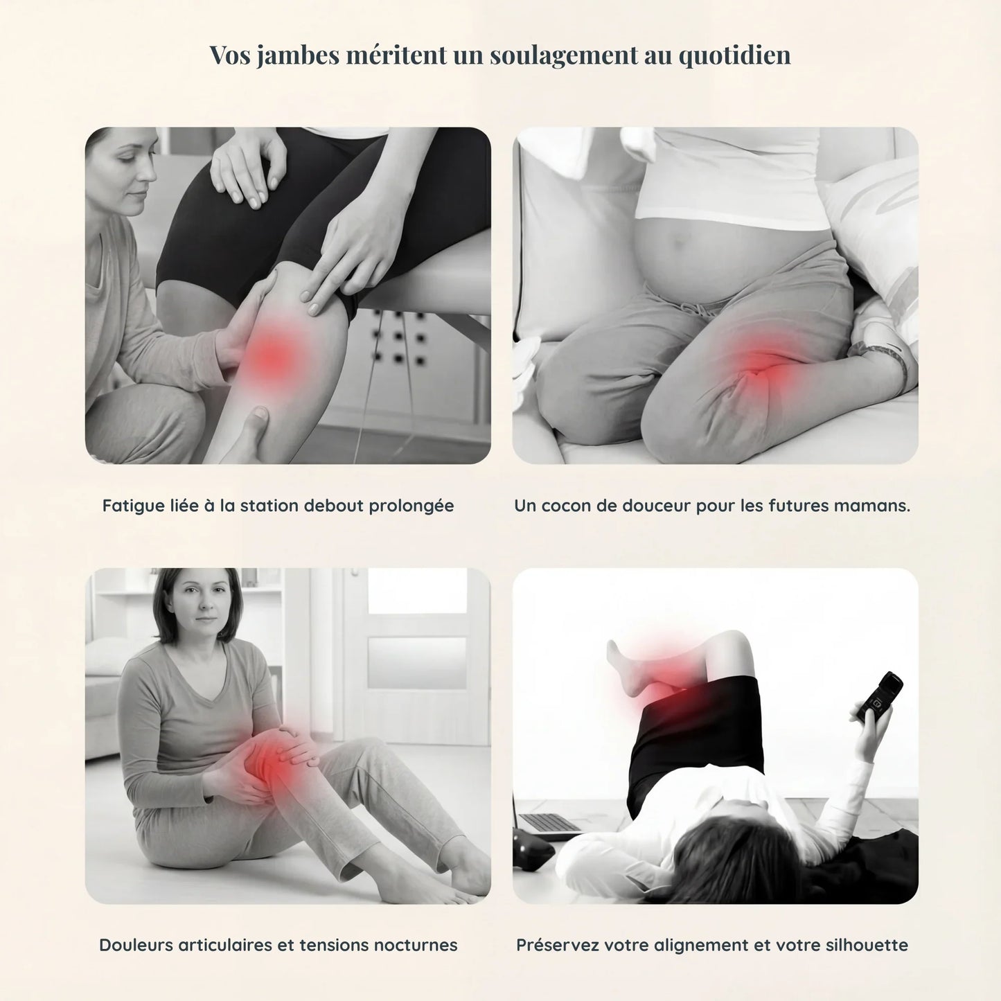 Illustration des zones de tension des jambes et de l’alignement corporel avec le coussin pour genoux LadyErgo