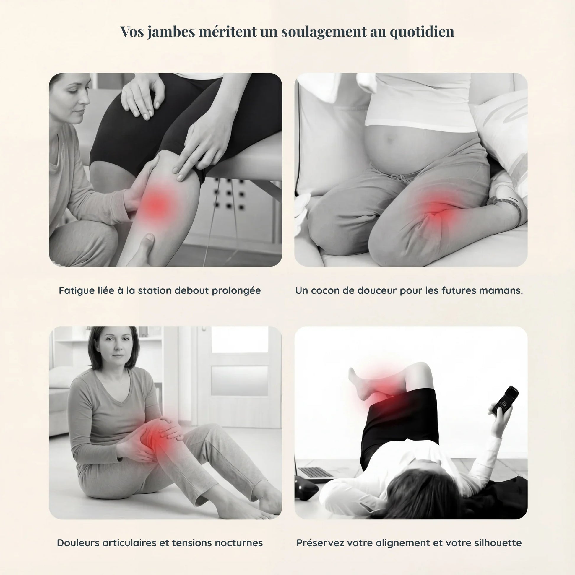 Illustration des zones de tension des jambes et de l’alignement corporel avec le coussin pour genoux LadyErgo