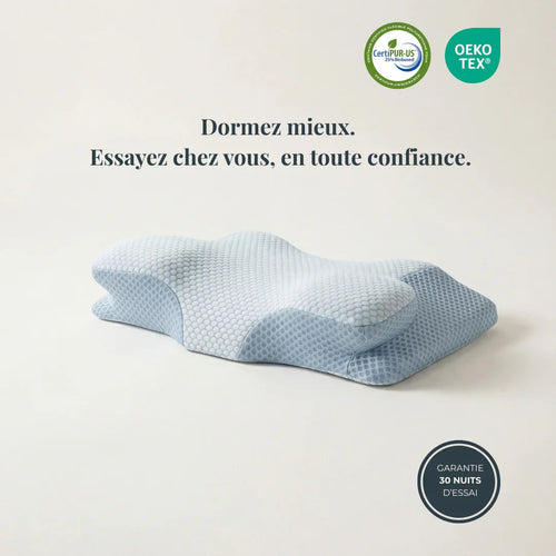 Oreiller ergonomique LadyErgo sur fond clair avec message d’essai à domicile