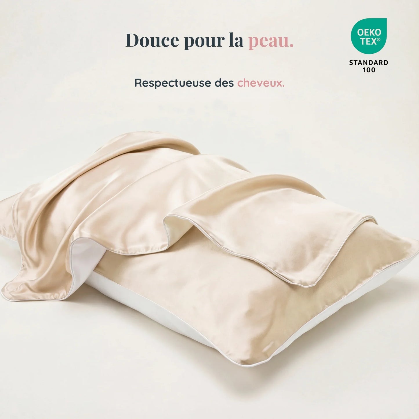 Taie d’oreiller en soie LadyErgo coloris champagne, douce pour la peau et respectueuse des cheveux, certifiée OEKO-TEX