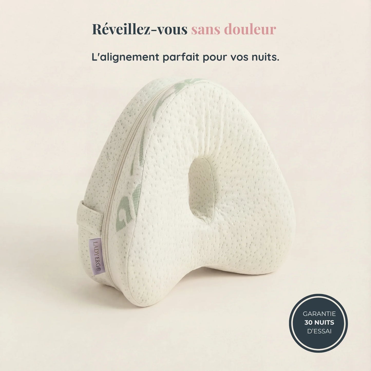 Coussin pour genoux LadyErgo en bambou, alignement des jambes pendant le sommeil, essai 30 nuits